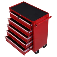 HOMCOM Carrello Porta Utensili con 5 Cassetti, Serratura, 2 Chiavi e Manubrio Parete Smontabile 2 Ruote con Freno in Lamiera d'Acciaio EVA Rosso 67,5x33x77cm(m-7)