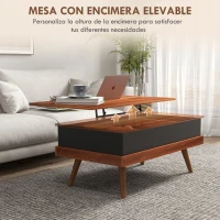 HOMCOM Mesa de Centro Elevable con 3 Compartimientos de Almacenaje Ocultos y Patas de Madera 100x79x54 cm Marrón y Negro(m-4)