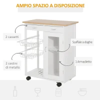 HOMCOM Carrello da Cucina con Ruote, Cassetti e 2 Cesti, Mobile da Cucina Salvaspazio in Legno di Pino, Bianco, 70 x 37 x 85cm(m-4)