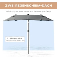 Outsunny Doppelschirm, Terrassenschirm, neigbar, mit Solarpaneel, 35 LEDs, Stahlrahmen, grau, 2,92 x 1,50 x 2,18 m(m-6)