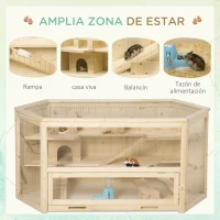 PawHut Jaula de Madera para Hámster 115x60x55 cm Casa para Roedores con 3 Niveles Techo Abatible Bandeja Extraíble Bebedero y 3 Rampas Natural(m-6)