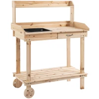 Outsunny Pflanztisch mit Schublade 2 Stufen Gärtnertisch mit waschbecken und Rollen Garten Tannenholz Natur 92 x 45 x 119 cm(m-1)