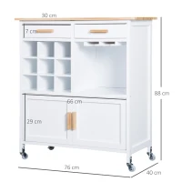 HOMCOM Carro de Cocina Auxiliar con Ruedas Carrito de Servicio con 2 Cajones Botellero para 9 Botellas Soporte para Vasos Estante Abierto y Armario 76x40x88 cm Blanco(m-3)