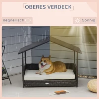PawHut Rattan Hundeliege Outdoor mit Dach, Erhöhtes Hundebett für kleine und mittelgroße Hunde, Kühlendes Haustierliege mit Metallrahmen, Kissen für Draußen, 69 x 98 x 70 cm, Kaffee-Braun(m-6)