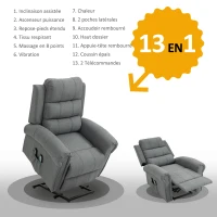 HOMCOM Fauteuil releveur électrique avec Massage et Chauffage Fauteuil Relax Salon Inclinaison réglable Repose-Pied Ajustable Lin Gris chiné(m-6)