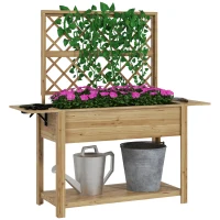 Outsunny Jardinière rectangulaire sur pieds avec treillis 2 tablettes latérales rabattables 1 étagère inférieure bois(m-10)