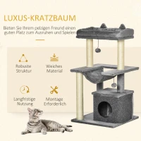 PawHut Katzenbaum 90 cm Kratzbaum mit Hängematte Spielbaum Katzenhöhle Plattformen Kletterbaum Katzenkratzbaum Aktivitätskratzbäum Plüsch Sisal Grau(m-4)