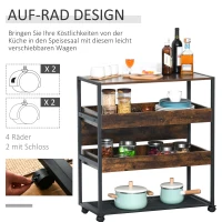 HOMCOM Küchenwagen Küchenrollwagen Servierwagen 3-stöckige Küchenregal Industrie-Design mit verstellbaren Füßen Rustikales Braun 80 x 40 x 90 cm(m-6)