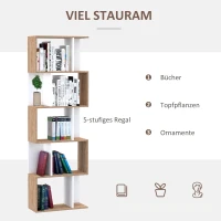 HOMCOM  Bücherregal S-förmiges Standregal Lagerregal 4-stufige Vitrine mit Hardware-Schnalle moderner Raumteiler Spanplatte Naturholz+Weiß 60 x 24 x 148 cm(m-4)