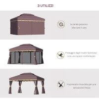 Outsunny Gazebo da Giardino 3x4m con Doppio Tetto, Zanzariera e Tende, Alluminio e Poliestere, Color Caffè(m-4)