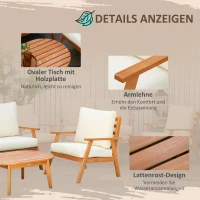 Outsunny Gartenmöbel-Set für 4 Personen Balkonmöbel-Set mit Sitzkissen, Couchtisch, Kiefernholz, Beige(m-6)