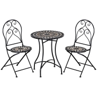 Outsunny 3 Pieces Garden Bistro Set with Coffee Table and 2 Folding Single Chairs, Mosaic Garden Table Top and Seats, Metal Frame, for Patio Balcony, Black