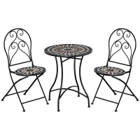 Outsunny 3 Pieces Garden Bistro Set with Coffee Table and 2 Folding Single Chairs, Mosaic Garden Table Top and Seats, Metal Frame, for Patio Balcony, Black(m-1)