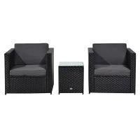 Outsunny 3 Pieces Rattan Bistro Set, Wicker Garden Furniture Set with Glass Top Coffee Table and Chairs, Thickened Washable Cushions for Outdoor, Patio, Balcony, Black(m-11)