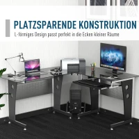 HOMCOM Computertisch Eckschreibtisch Schreibtisch Bürotisch PC Tisch mit schwarzem Sicherheitsglas L-förmig 164x139x75 cm(m-6)