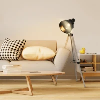 HOMCOM Industrial Tripod Base Cone Floor Lamp w/ Wood Legs Metal Shade Power Switch Adjustable Height Angle Home Office Styling Lighting Furniture Vintage Retro(m-2)