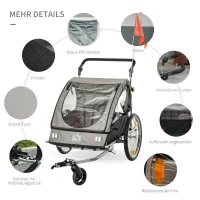 HOMCOM 2-in-1 Kinderanhänger, inkl Fahne und Reflektoren, für 2 Kinder, grau+schwarz(m-7)