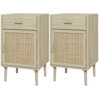 HOMCOM Bedside Table Set of 2, Rattan Side Tables with Drawer, Cabinet and Adjustable Shelf, Boho Bedside Cabinet with Storage for Bedroom, Living Room, Natural Wood Effect(m-11)
