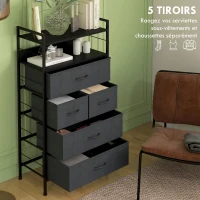 HOMCOM Commode meuble de rangement 5 tiroirs en tissu amovibles et 2 étagères structure acier dim. 58L x 30l x 120H cm noir(m-4)