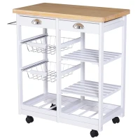 HOMCOM Chariot de service desserte de cuisine à roulettes multi-rangements 74L x 37l x 76H cm plateau bois massif pin châssis MDF blanc(m-1)