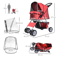 PawHut Dog Stroller with Rain Cover for Small Miniature Dogs, Folding Pet Pram with Cup Holder, Storage Basket, Reflective Strips, Red(m-3)