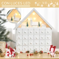 HOMCOM Calendario de Adviento de Navidad Madera con 24 Cajones y Luces LED Decoración Navideña Modelo Casita 39x9x42 cm Blanco(m-4)