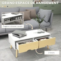 HOMCOM Table basse de salon rectangulaire avec 2 tiroirs et 1 compartiment ouvert 90 x 48 x 39 cm blanc et naturel(m-4)