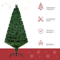 HOMCOM Sapin de Noël Artificiel Lumineux 150H cm Fibre Optique Multicolore + Support Pied 180 Branches étoile Sommet Brillante Vert(m-4)