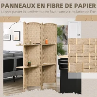 HOMCOM Paravent séparateur de pièce 4 panneaux 160 x170 cm avec 2 étagères, pliable, en bois(m-6)