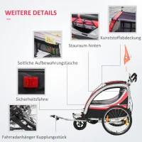 HOMCOM Kinderfahrradanhänger, 2-in-1, Joggerfunktion, wetterfeste Plane, Stahlrahmen, rot+schwarz, 142 x 75 x 101cm(m-7)