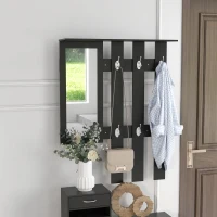 HOMCOM Ensembles 3 en 1 de meuble d'entrée vestiaire avec panneau porte-manteau, miroir et banc à chaussures - 6 crochets et étagère réglable, noir(m-7)