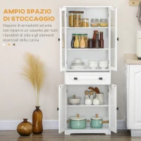 HOMCOM Credenza da Cucina Alta con 2 Armadietti e Cassetto, Ante a Vetri e Ripiani Regolabili, 60x30x160cm, Bianco(m-4)