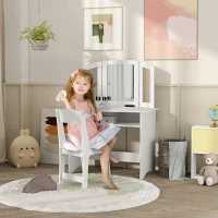AIYAPLAY Set da Trucco per Bambini con Tavolo Toeletta con Specchio Triplo Rimovibile e Sedia in Legno Bianco(m-2)