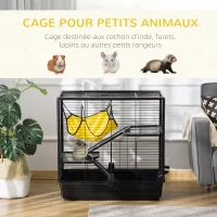 PawHut Cage petits rongeurs cochon d'inde, lapin, furets 3 niveaux avec abreuvoir, hamac, 2 rampes dim. 80L x 48l x 78H cm - noir(m-7)