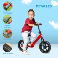 HOMCOM Bicicleta sin Pedales para Niños de +2 Años con Sillín Ajustable de 31-41 cm y Manillar Regulable Bicicleta de Equilibrio Infantil con Ruedas de 12" 89x37x55-60 cm Rojo(m-5)