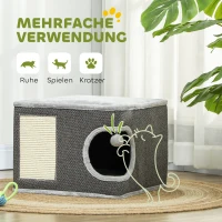 PawHut Katzenhaus mit 2 Kissen, Bett, Höhle, Kratzmatte, Spielball, kleiner Kratzbaum, Grau(m-5)