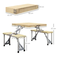 Outsunny Campingtisch, faltbar, 4 Sitzplätze, Schirmloch, Holztischplatte, Aluminiumrahmen, 85,5x72,5x67cm(m-3)