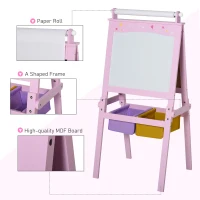 HOMCOM Kids Easel 3 in 1 Wooden Art Easel with Paper Roll Double-Sided Chalkboard & Whiteboard with Storage Baskets for Toddler Girls, Pink(m-6)