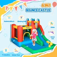 Outsunny Kids Inflatable Bouncy Castle Water Slide 6 in 1 Bounce House Jumping Castle Water Pool Gun Climbing Wall Basketball Hoop with Air Blower for Summer Playland(m-4)