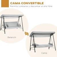 Outsunny Columpio de Jardín de 3 Plazas Convertible en Cama con Toldo Reclinable 2 Cojines y Marco de Acero 236x138x185 cm Gris(m-4)