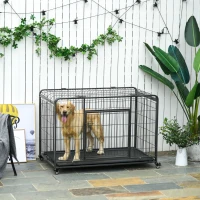 PawHut Kennel Gabbia per Cani Pieghevole a Doppia Porta con Blocco, Box per Cani con 4 Ruote con Freno e Fondo Rimovibile, 125x76x81cm, Grigio Scuro(m-2)