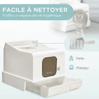 PawHut Maison de toilette pour chat 2 portes avec pelle et bac amovible - roulettes et poignée - PE blanc(m-4)