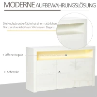 HOMCOM Sideboard Hochglanz Vorratsschrank Küchenschrank mit LED-Licht für Eingang Essbereich Wohnzimmer Material MDF und Spanplatte  Weiß 155 x 40 x 92 cm(m-4)