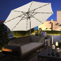 Outsunny Φ2.7m Garden 24 LED Light Parasol Solar Outdoor Tilt Sun Umbrella Patio Club Party Event Manual Sun Shade w/ Hand Crank and 8 Ribs, Off-white(m-2)
