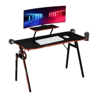 HOMCOM Bureau gaming bureau gamer bureau informatique bracket casque enceintes porte-gobelet grand plateau MDF texture carbone + étagère écran châssis acier rouge noir(m-1)