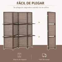 HOMCOM Biombo de 4 Piezas de Bambú Biombo Separador de Ambientes Plegable con 2 Estantes Extraíbles Divisor de Habitaciones Dormitorio 180x180 cm Marrón(m-6)
