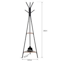 HOMCOM Appendiabiti da Terra con 2 Ripiani e 6 Ganci, Attaccapanni ad Albero in Stile Industriale, 46x52x182 cm, Nero e Marrone(m-3)