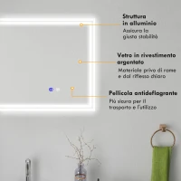 kleankin Specchio Bagno con Luce LED 3 Livelli Rettangolare, Antiappannamento e Interruttore Touch, 90x70cm(m-7)