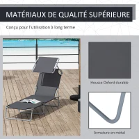 Outsunny Transat Bain de Soleil Pliable Chaise Longue Pliante Grand Confort Dossier Inclinable Multi-positions et Pare-Soleil réglable Dim. 187L x 58l x 36H cm gris(m-7)