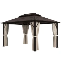 Outsunny 3 x 4m Hardtop Gazebo Canopy with UPF30+ Double Polycarbonate Roof, Aluminium Frame Garden Gazebo Permanent Pavilion with Mosquito Netting and Curtains for Patio, Deck, Beige(m-11)